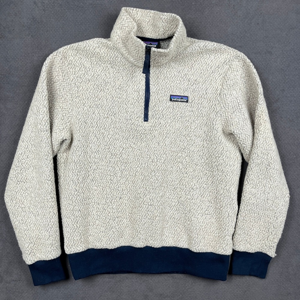 Patagonia Woolyester Fleece Pullover Mens Small Oatmeal Heather Navy 1/4 Zip
